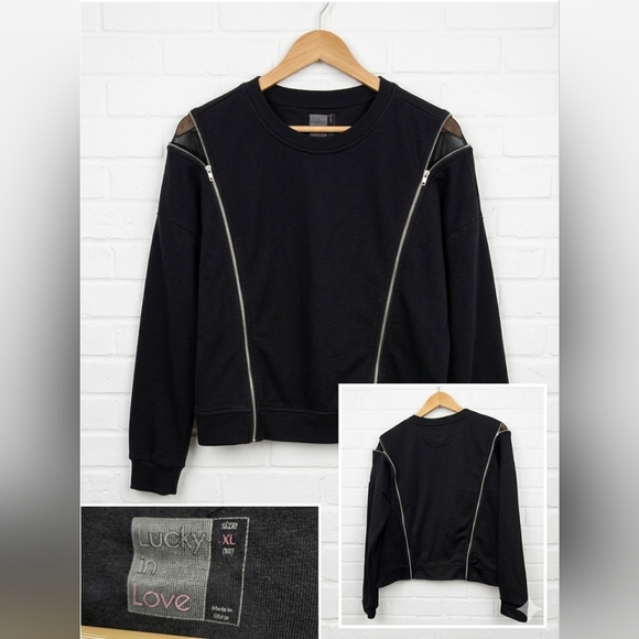 Lucky in Love Tops - Lucky in Love Black Moto Zip Mesh Sweatshirt XL